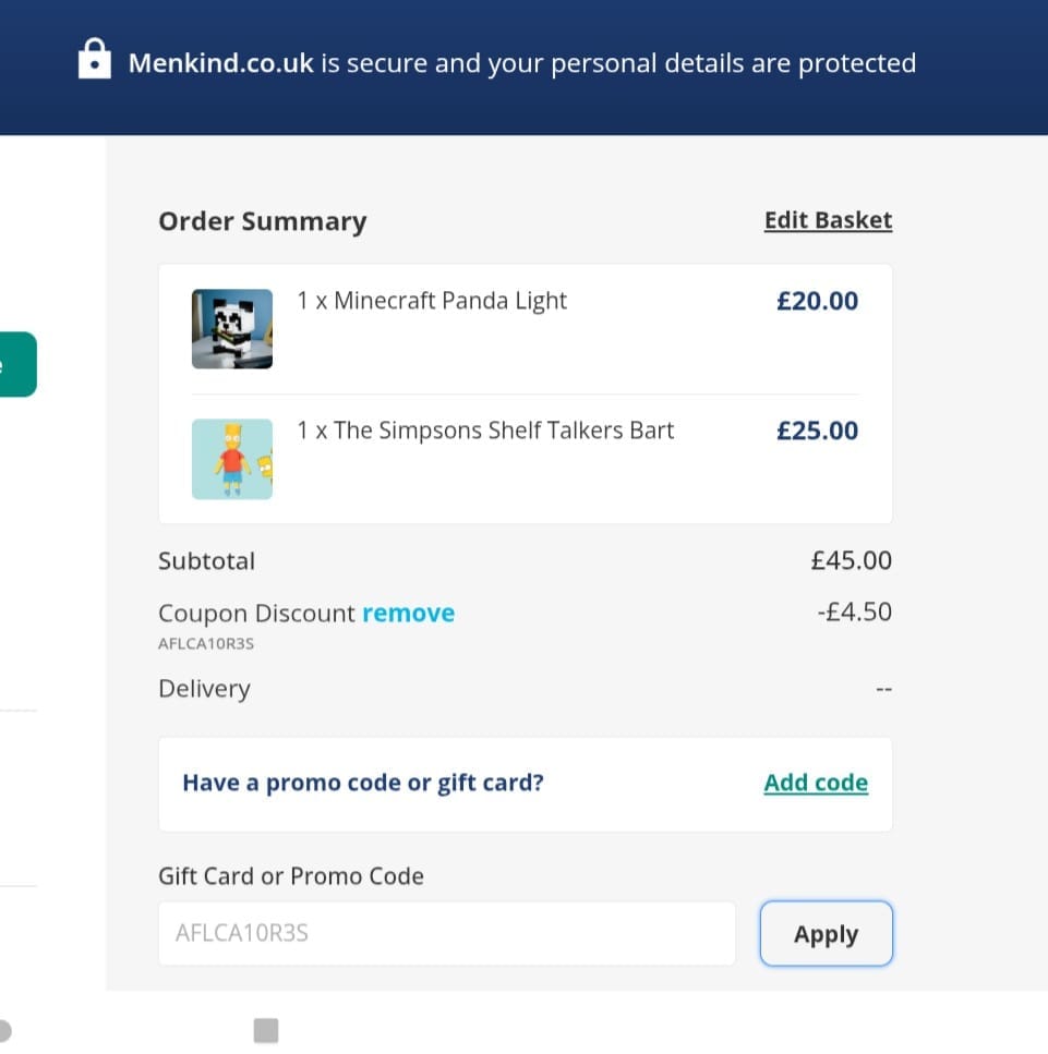 Screenshot of the Menkind discount code working