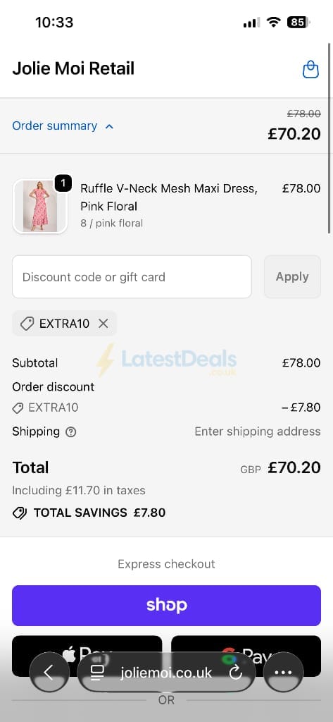 Screenshot of the Jolie Moi discount code working