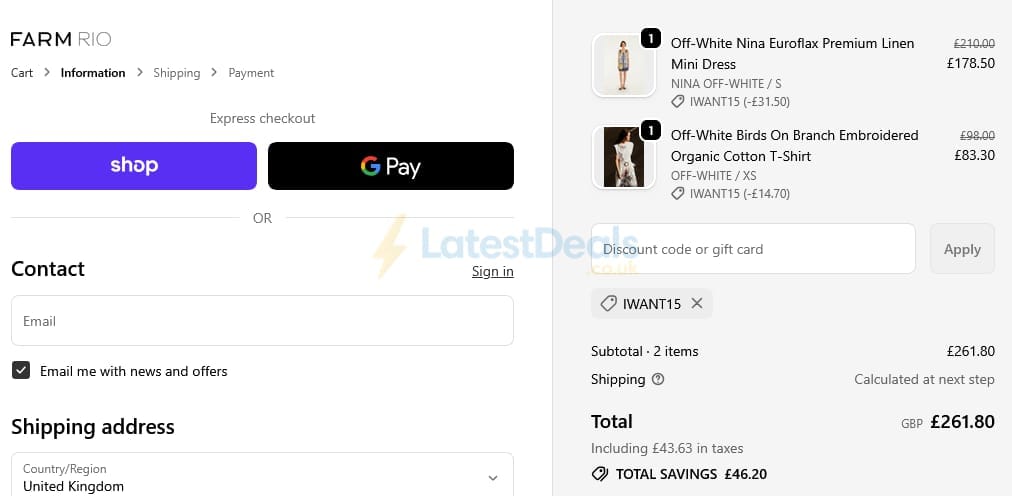 Screenshot of the Farm Rio discount code working