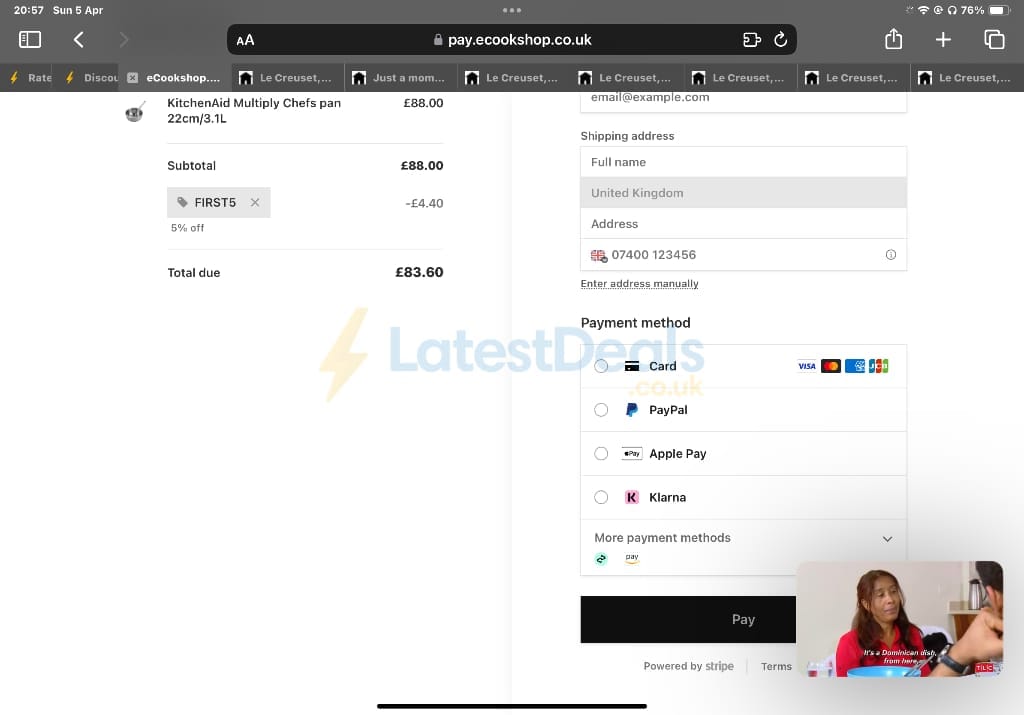 Screenshot of the Ecookshop discount code working