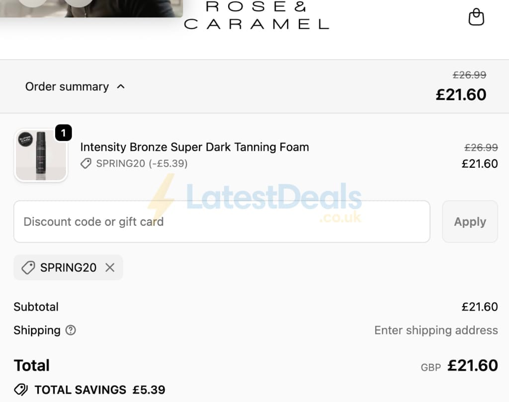 Screenshot of the Rose and Caramel discount code working