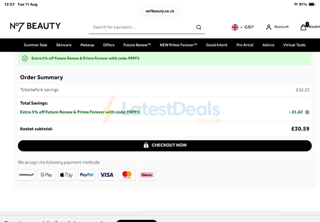 Screenshot of the No7 Beauty discount code working