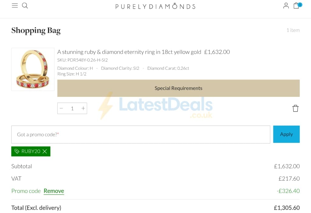Screenshot of the Purely Diamonds discount code working