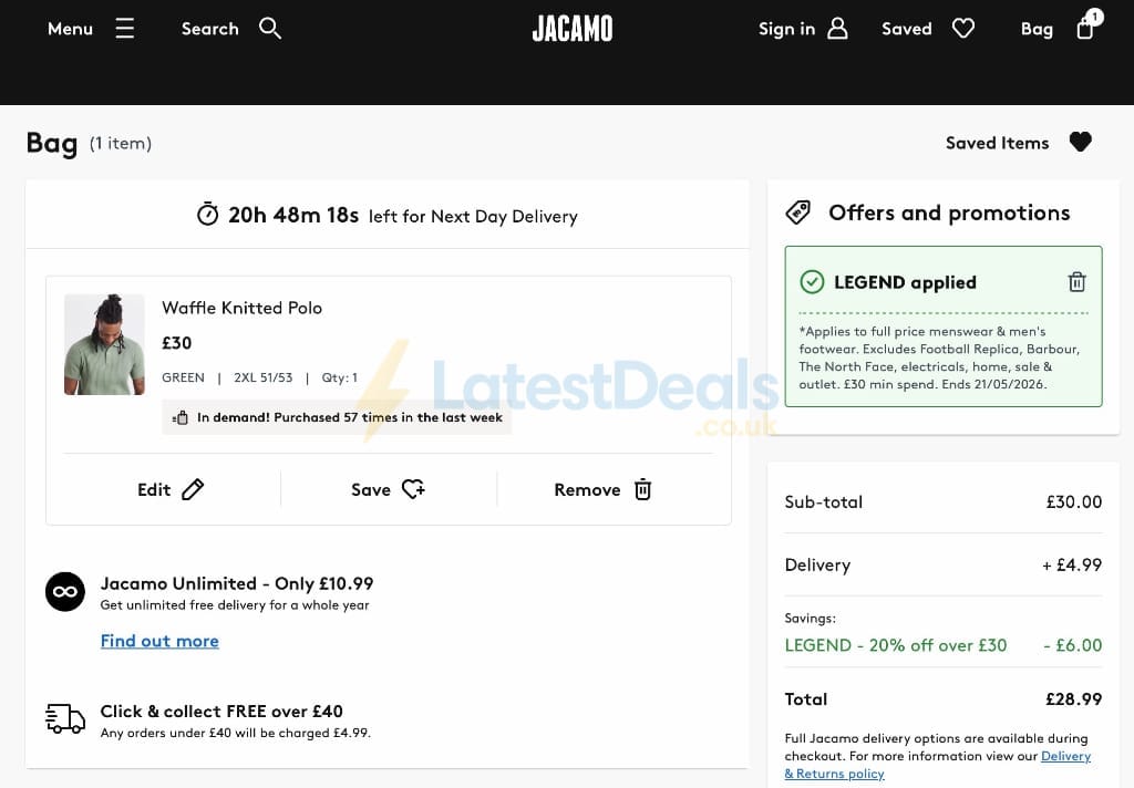 Screenshot of the Jacamo discount code working