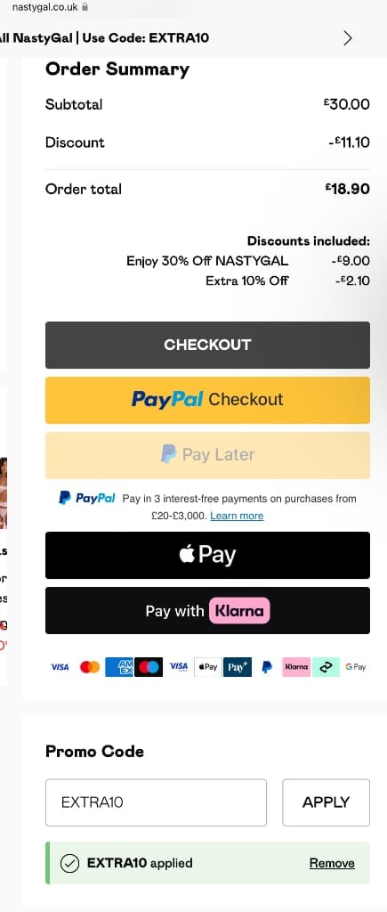 Screenshot of the Nasty Gal discount code working