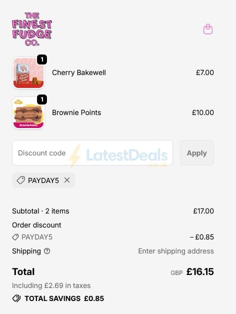 Screenshot of the The Finest Fudge Co. discount code working