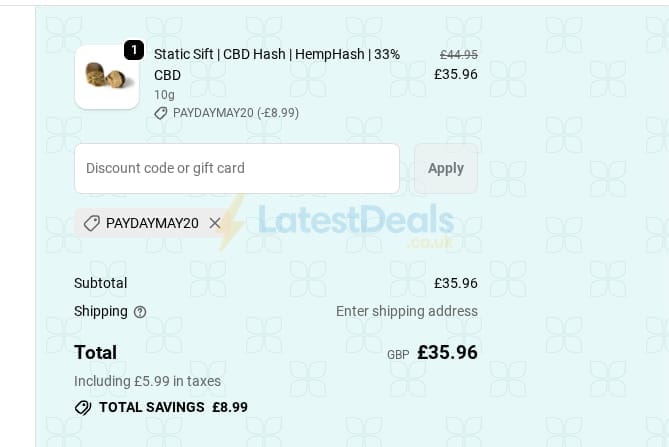 Screenshot of the HempHash discount code working