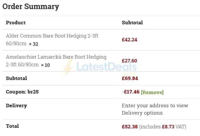 Screenshot of the Hopes Grove Nurseries discount code working