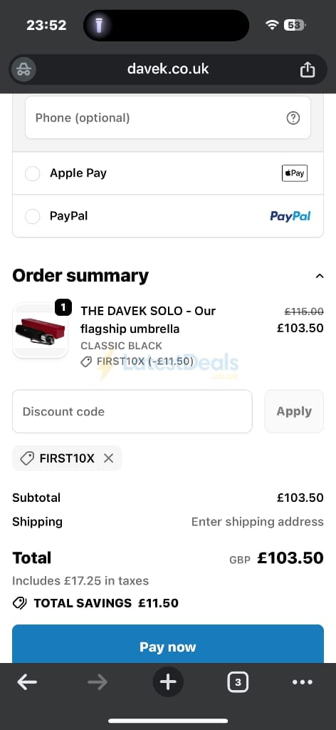 Screenshot of the Davek discount code working