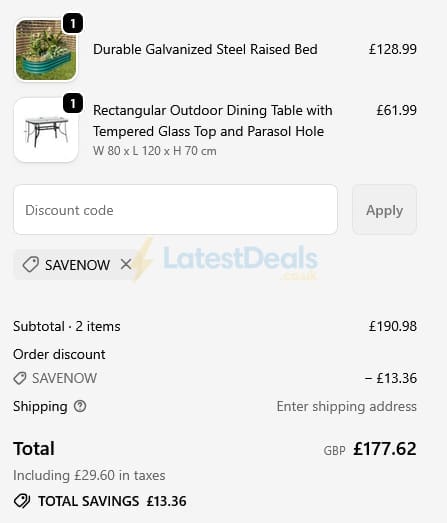 Screenshot of the Garden Sanctuary discount code working
