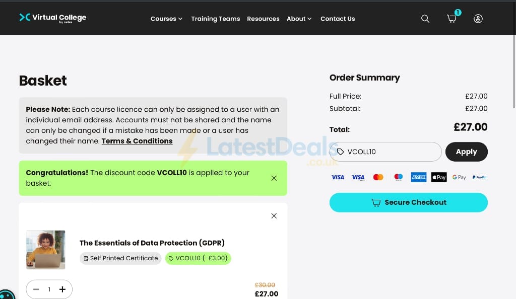 Screenshot of the Virtual College discount code working