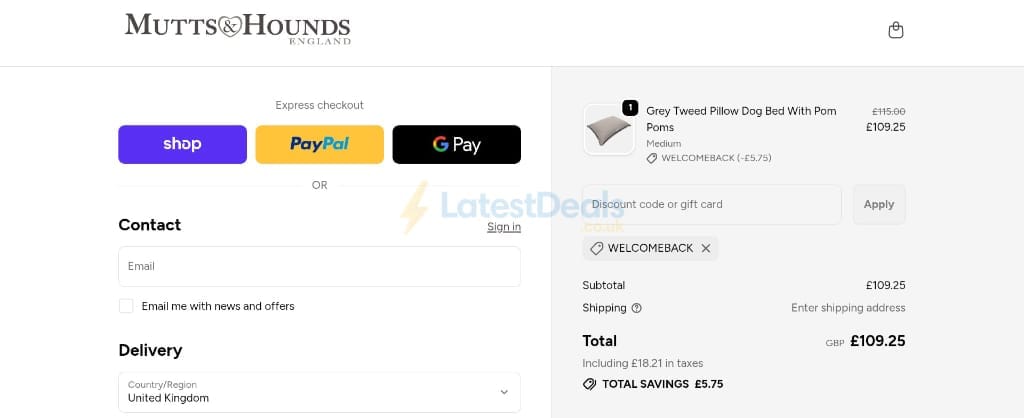 Screenshot of the Mutts & Hounds discount code working