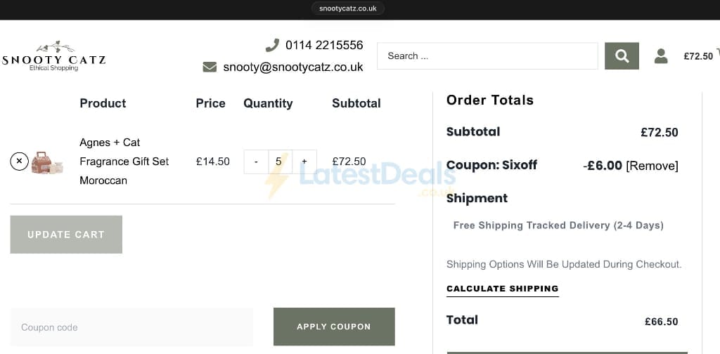 Screenshot of the Snooty Catz discount code working