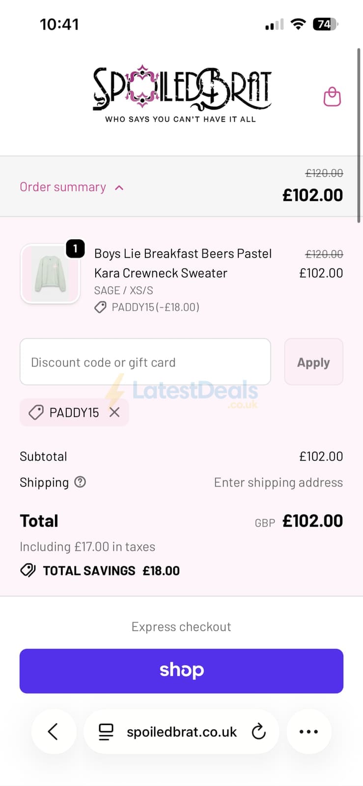 Screenshot of the Spoiled Brat discount code working