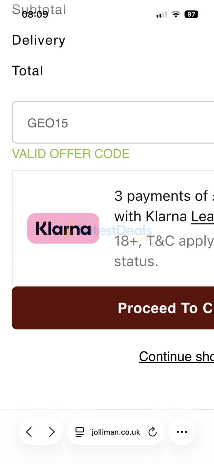 Screenshot of the Jolliman discount code working