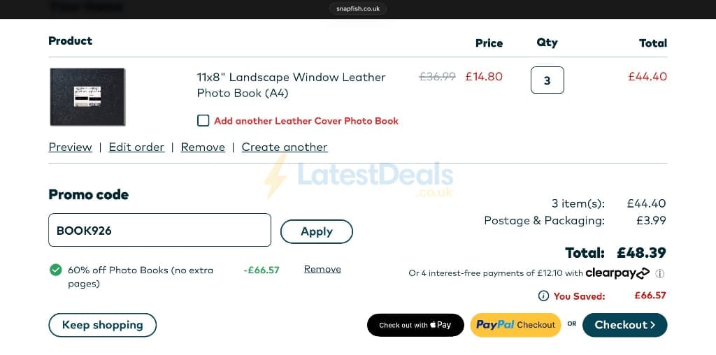 Screenshot of the Snapfish discount code working