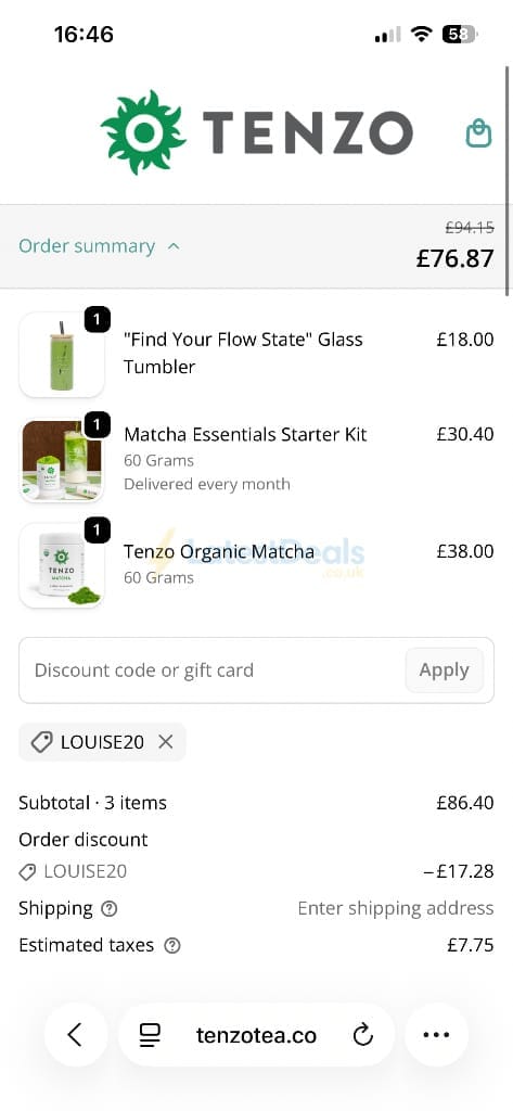 Screenshot of the Tenzo Tea discount code working