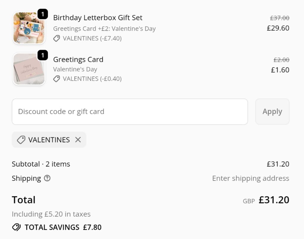 Screenshot of the Letterbox Gifts discount code working