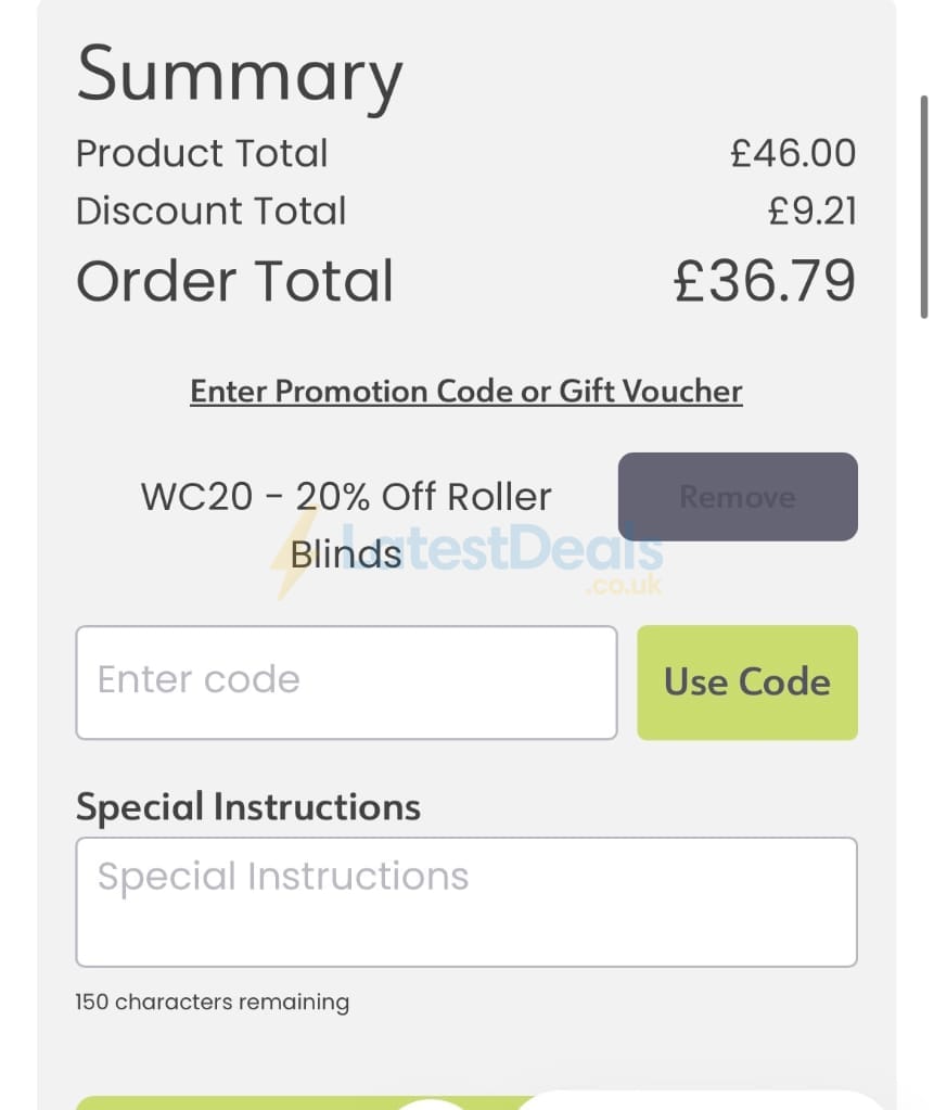 Screenshot of the Order Blinds discount code working