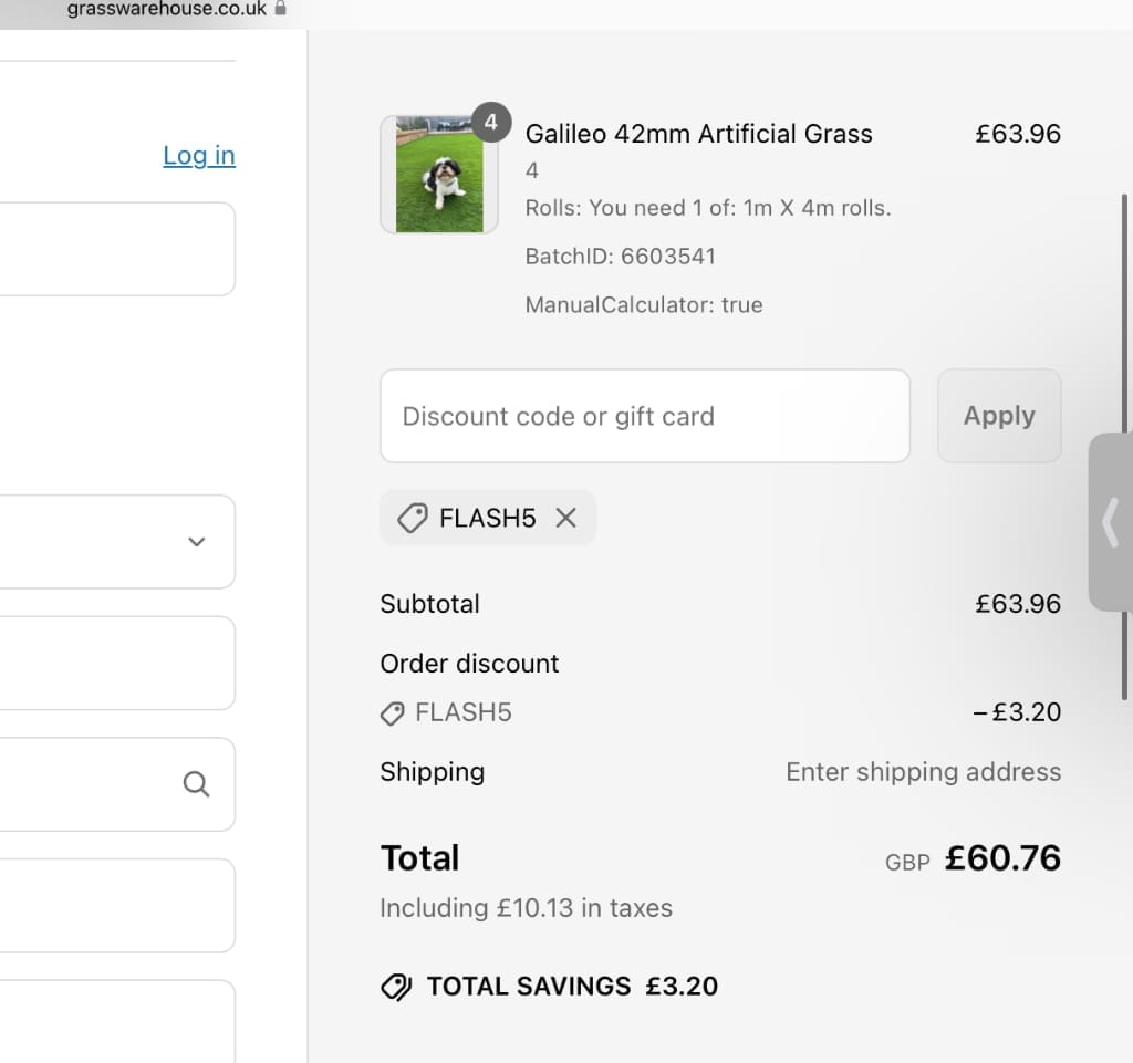 Screenshot of the GrassWarehouse discount code working