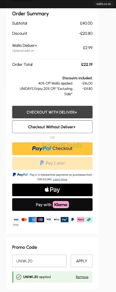 Screenshot of the Wallis discount code working