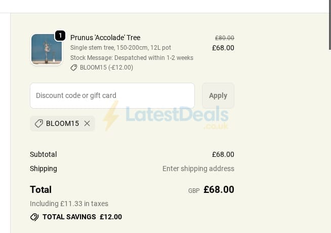 Screenshot of the Ornamental Trees discount code working