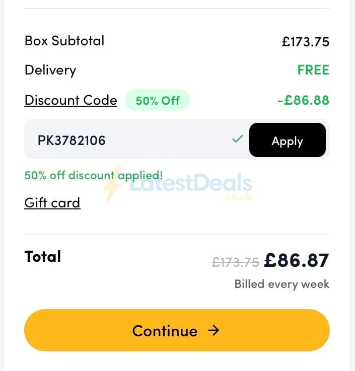 Screenshot of the Prep Kitchen discount code working
