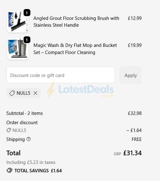 Screenshot of the The Dustpan and Brush Store discount code working