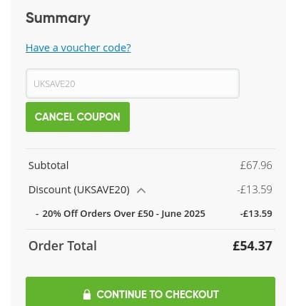 Screenshot of the Nutri Advanced discount code working