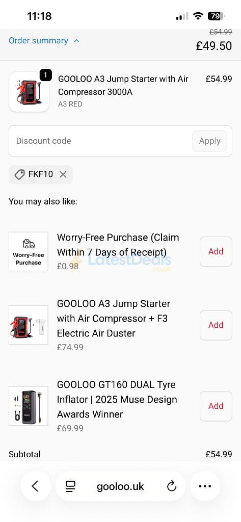 Screenshot of the GOOLOO discount code working
