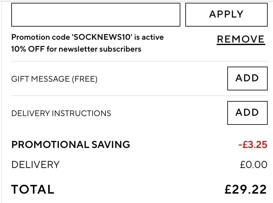 Screenshot of the Sock Shop discount code working