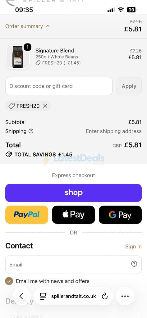 Screenshot of the Spiller & Tait discount code working