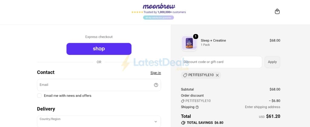 Screenshot of the MoonBrew discount code working