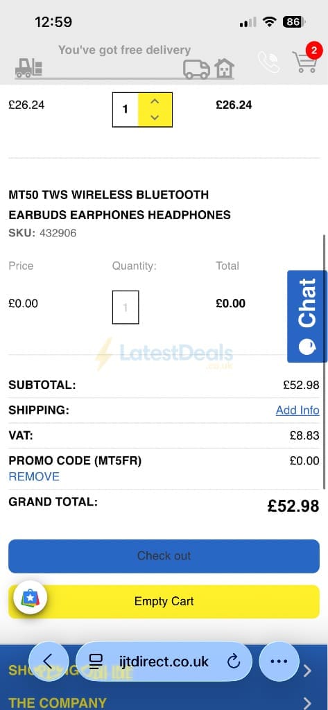 Screenshot of the IJT Direct discount code working