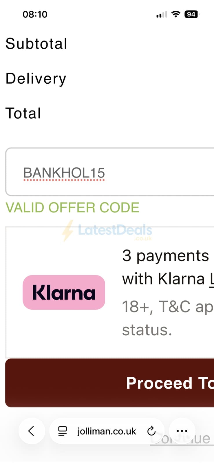 Screenshot of the Jolliman discount code working