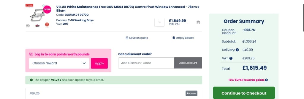 Screenshot of the Roofing Superstore discount code working