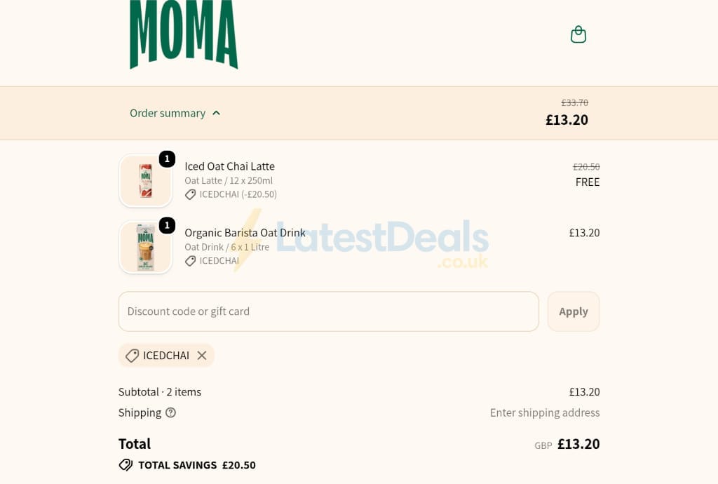 Screenshot of the MOMA Foods discount code working