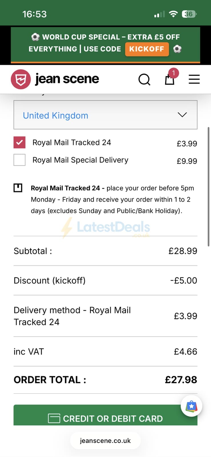 Screenshot of the Jean Scene discount code working