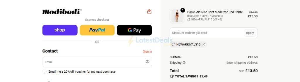 Screenshot of the Modibodi discount code working
