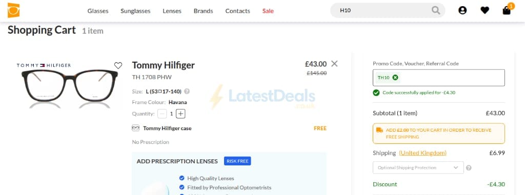 Screenshot of the SmartBuyGlasses discount code working