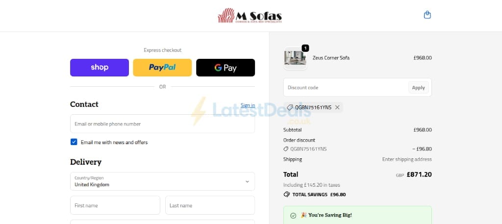 Screenshot of the Msofas discount code working