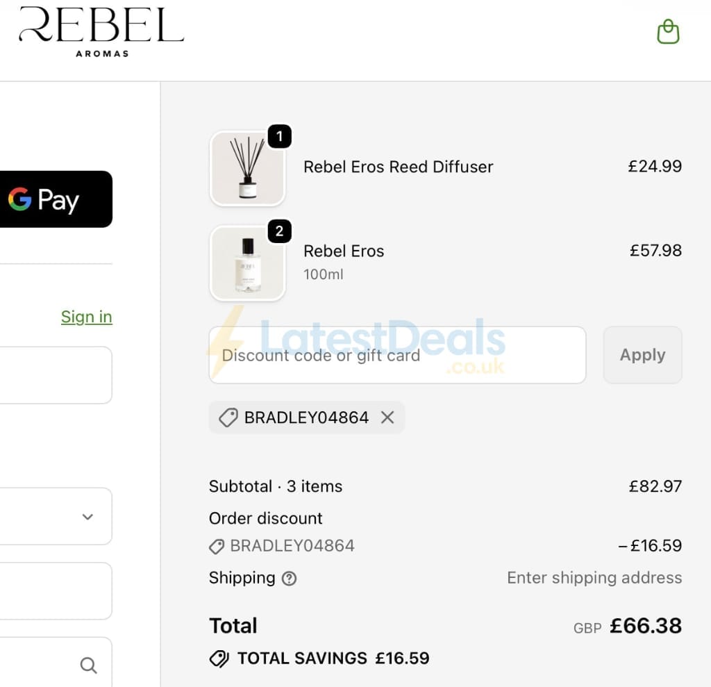 Screenshot of the Rebel Aromas discount code working