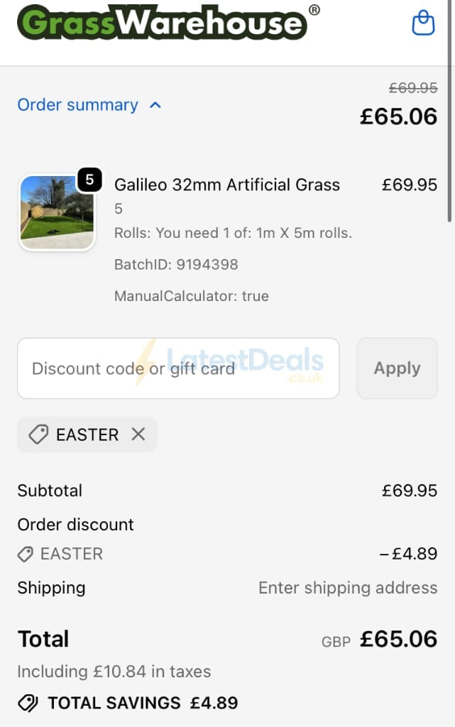 Screenshot of the GrassWarehouse discount code working