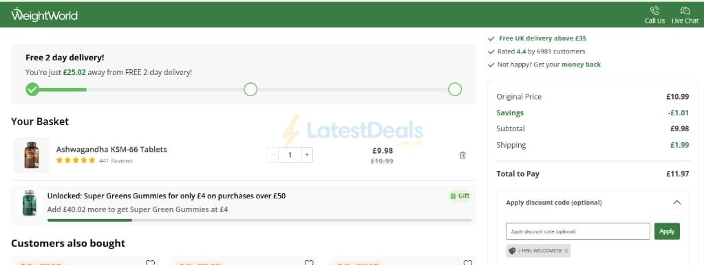 Screenshot of the WeightWorld discount code working