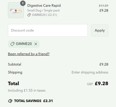 Screenshot of the Yumove discount code working