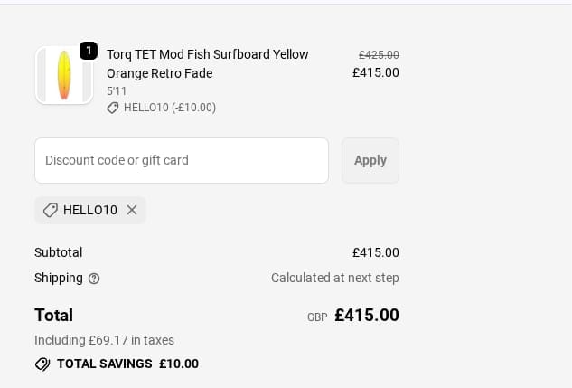 Screenshot of the Tiki Surf discount code working