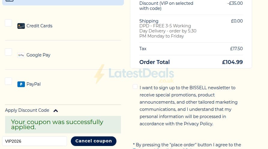 Screenshot of the Bissell discount code working