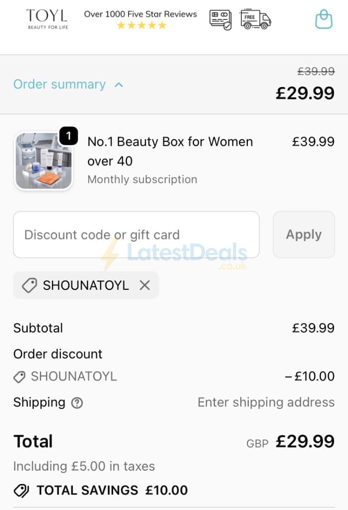 Screenshot of the Toyl discount code working
