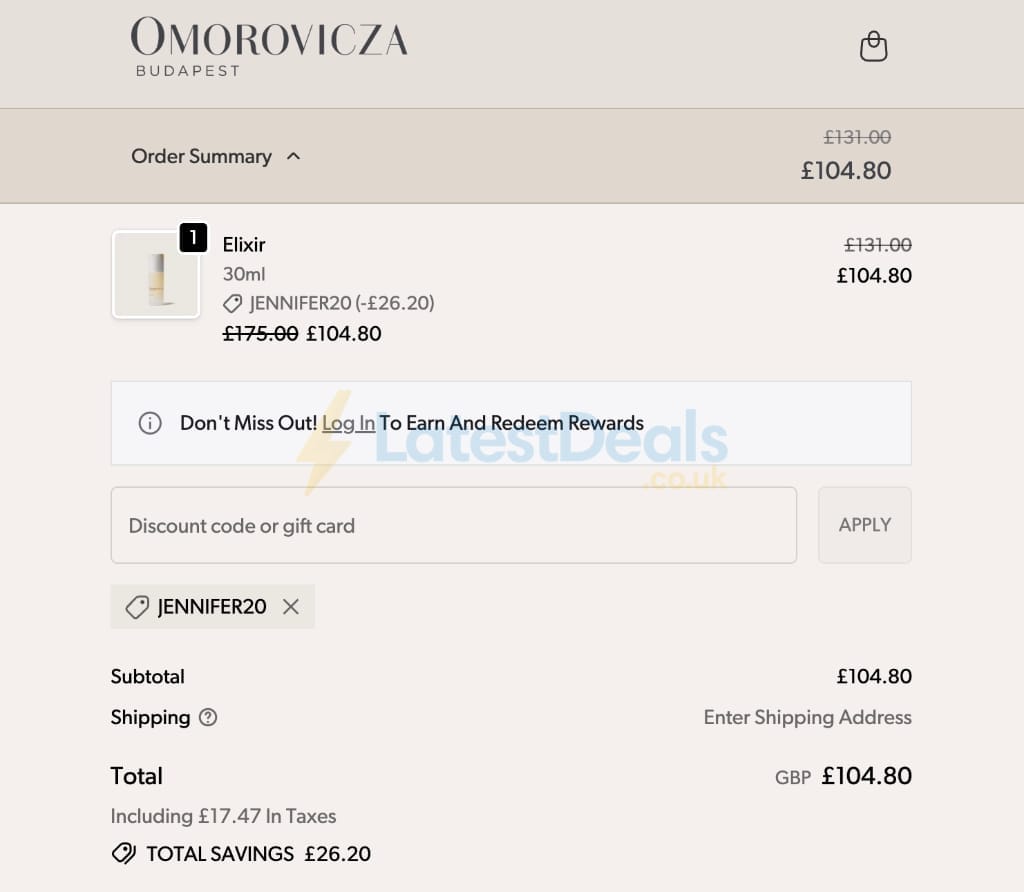 Screenshot of the Omorovicza discount code working