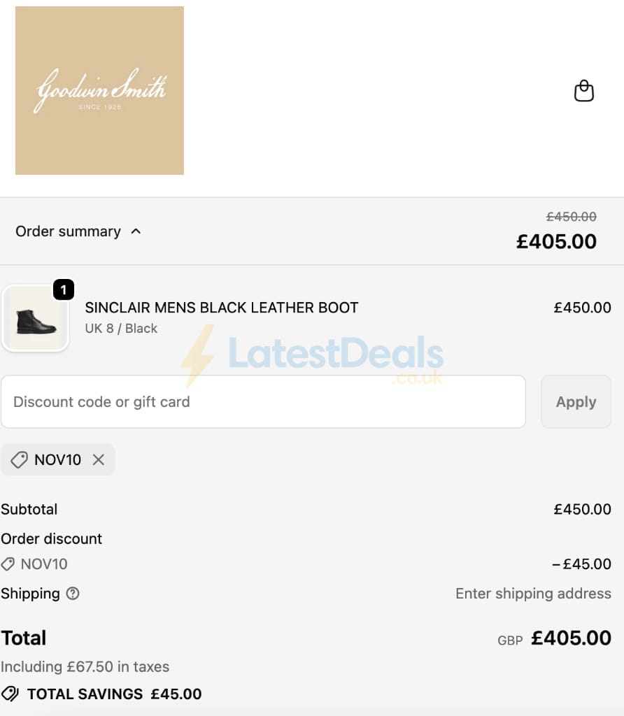 Screenshot of the Goodwin Smith discount code working